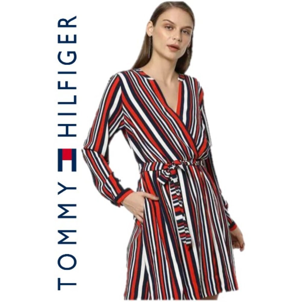 TOMMY HILFIGER Multi-Stripe RED Blue White Retro WRAP DRESS